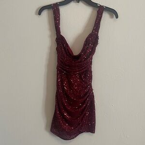Glamorous Wine Sequin Backless Mini Dress